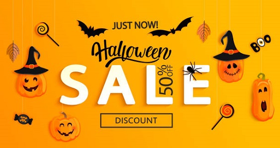 Halloween Sale banner. Just now Discount poster with holiday symbols pumpkins characters, bat and candy. Invitations for big shopping.Template for web, print,offers, promotions.Vector illustration.
